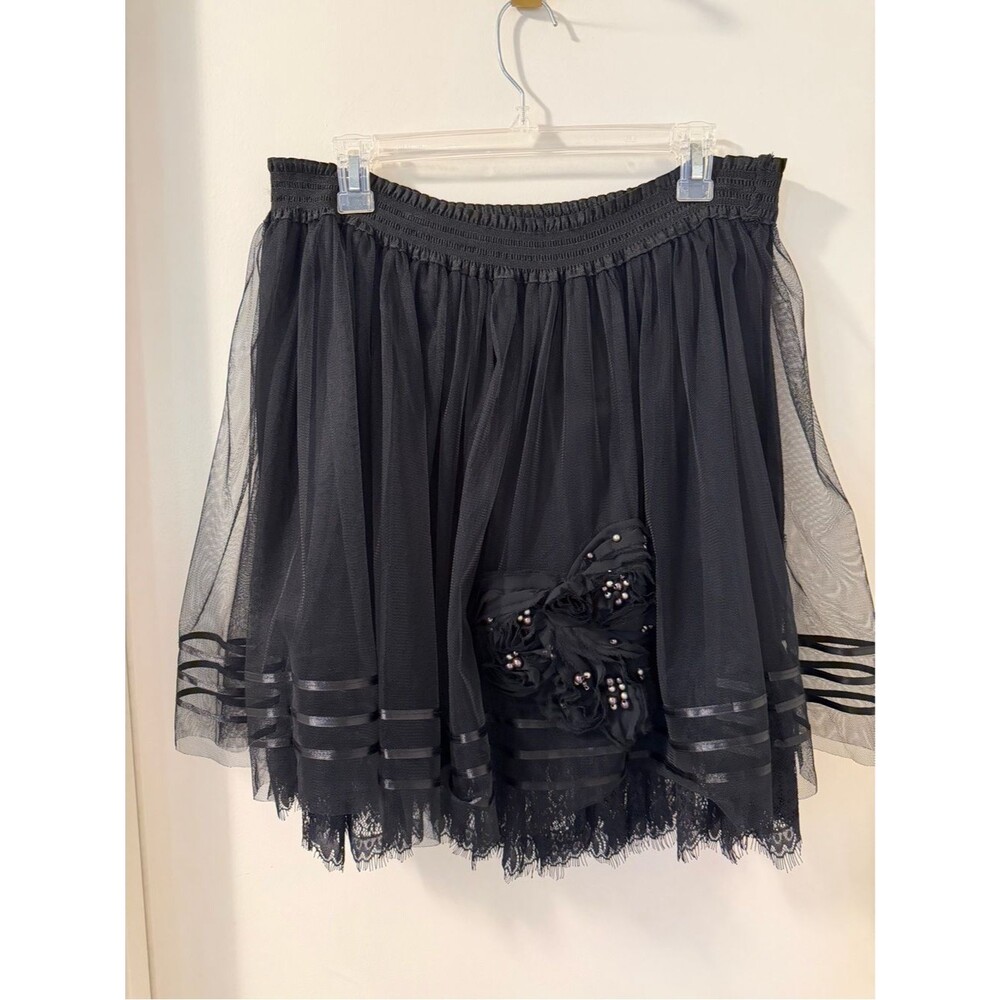 Ryu Black Tulle Eyelash Lace with embellished detailed Whimsigoth Fairy Skirt Lg